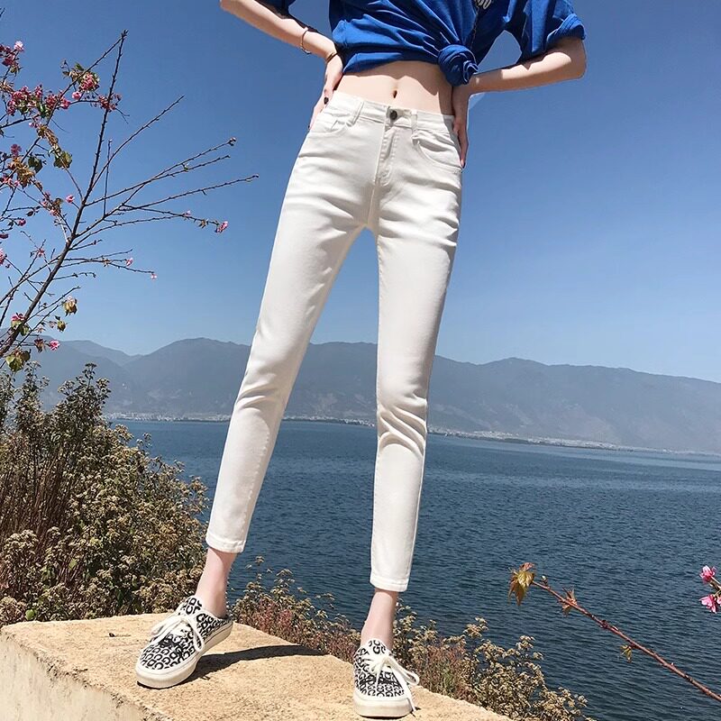 白色紧身小脚牛仔裤女夏季薄款高腰弹力显瘦小个子浅色九分铅笔裤