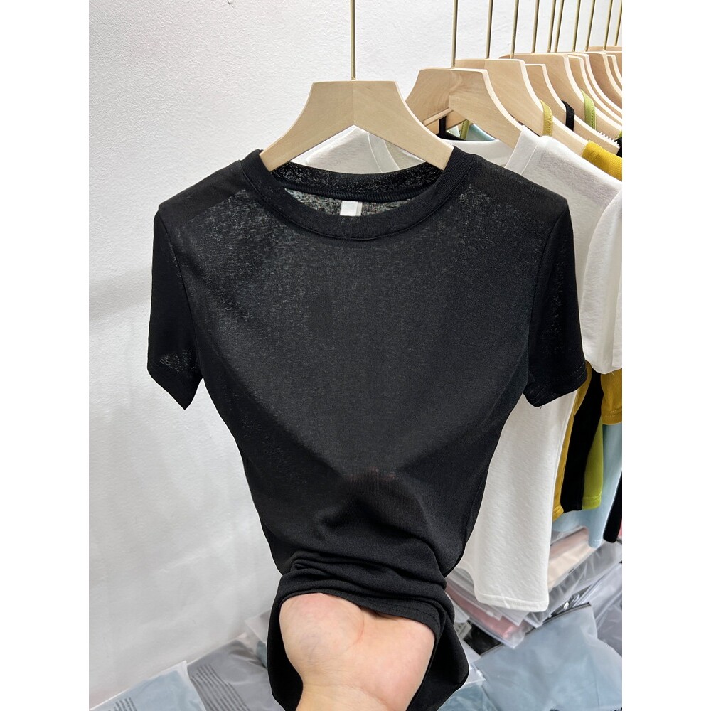 冰丝面膜短袖T恤女2025年夏季新款修身显瘦薄款纯色圆领体恤上衣