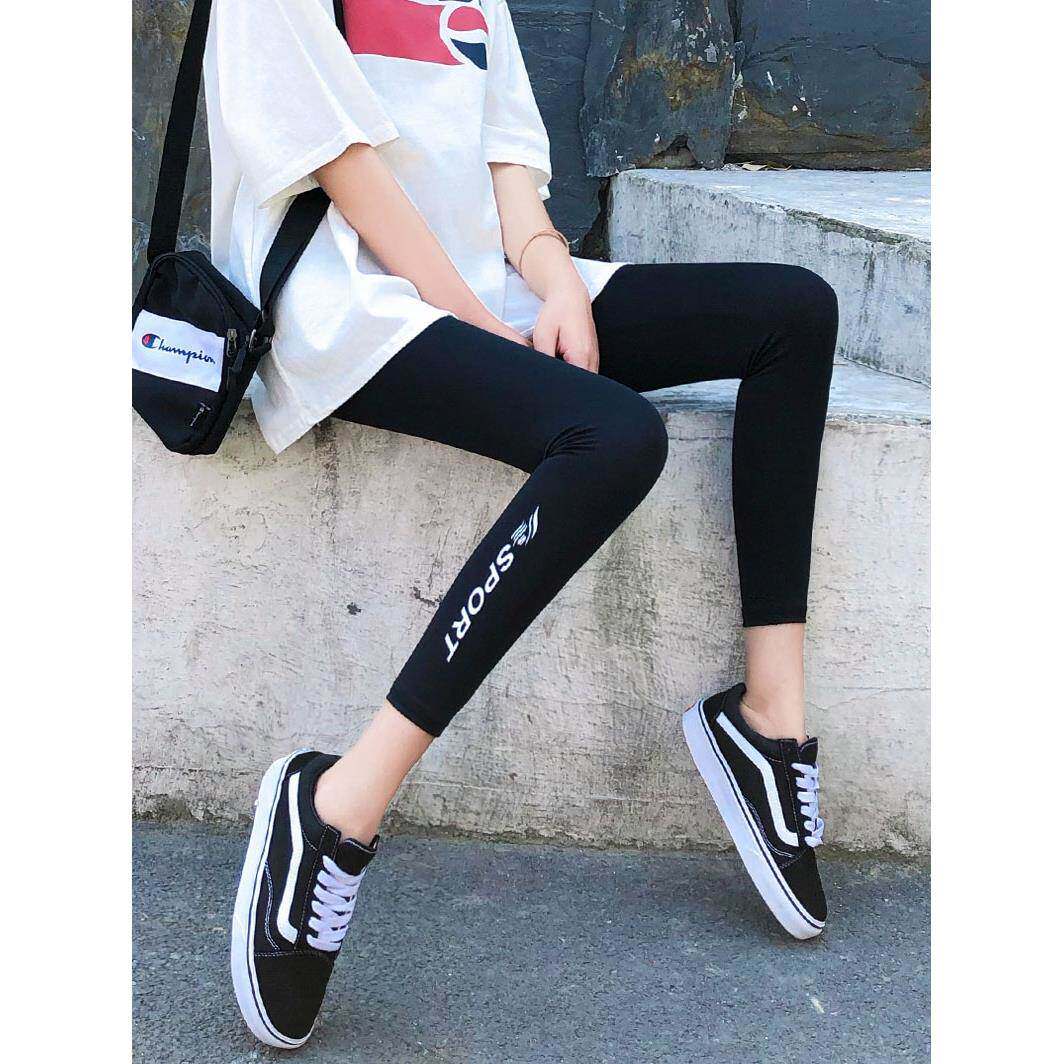 香港夏速干字母打底裤女外穿薄款冰丝九分小脚瑜伽运动紧身八分潮