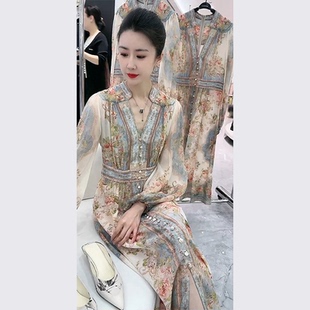 女款 雪纺连衣裙子2024年新款 初秋装 海边度假碎花长袖 长裙 女装 夏季