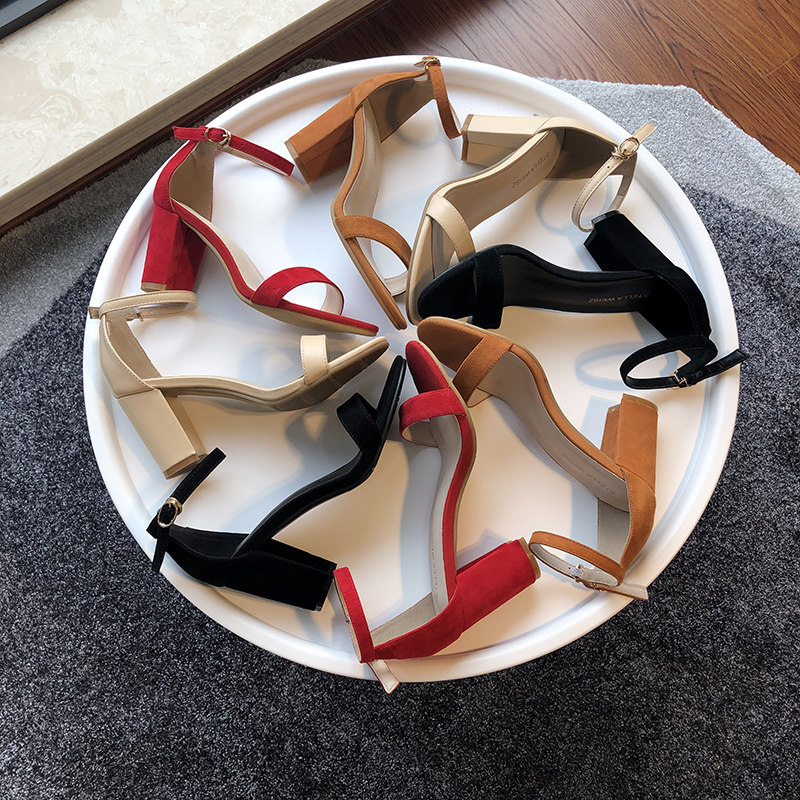 传祺女鞋一字带凉鞋夏季外穿2025新款sw黑色气质不累脚粗跟高跟鞋