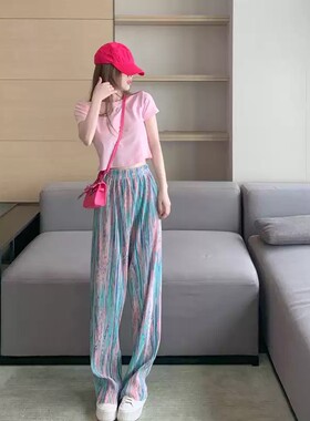 欧洲站2024夏季三亚度假运动风时尚洋气休闲裤子阔腿裤两件套装女