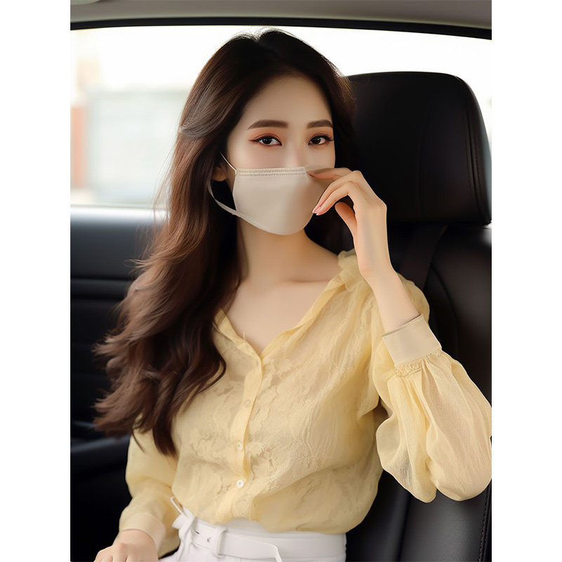 法式黄色雪纺衬衫2024欧货小衫爆款法式绝美蕾丝v领上衣女高级感