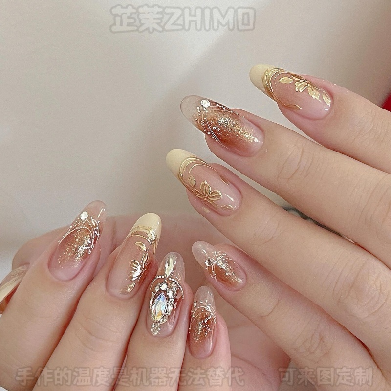 芷茉手工穿戴美甲定制法式华子珍珠满钻爆闪显白奢华新娘拆卸甲