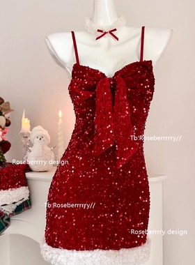 Roseberrrry圣诞美神 红色蝴蝶结纯欲抹胸短裙气质亮闪闪圣诞礼裙