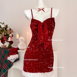 Roseberrrry圣诞美神 红色蝴蝶结纯欲抹胸短裙气质亮闪闪圣诞礼裙