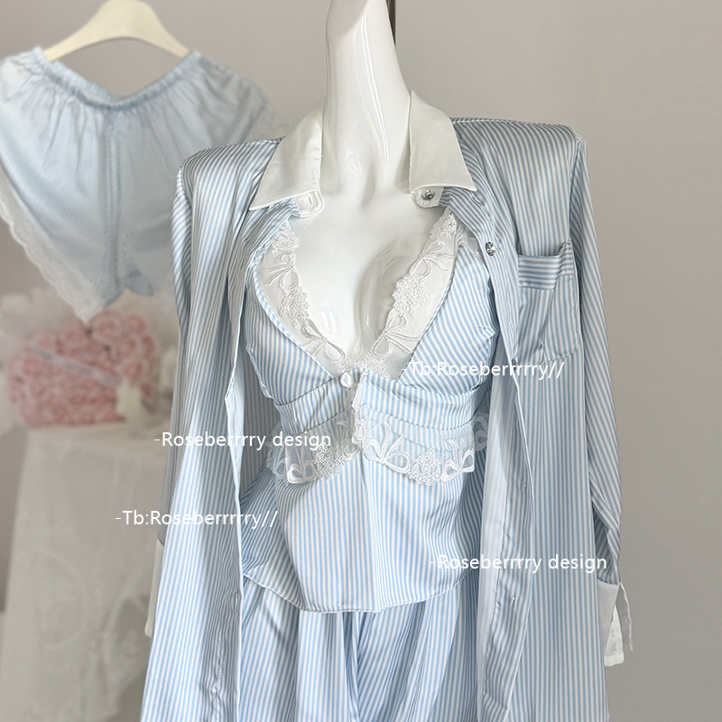 Roseberrrry海盐奶盖 清新条纹蓝色四件套少女感睡衣衬衫家居服