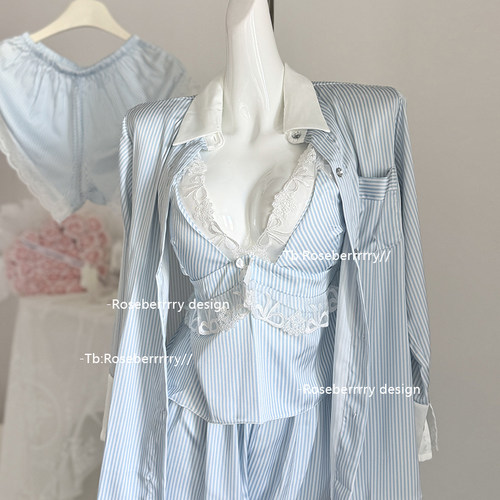 Roseberrrry海盐奶盖 清新条纹蓝色四件套少女感睡衣衬衫家居服