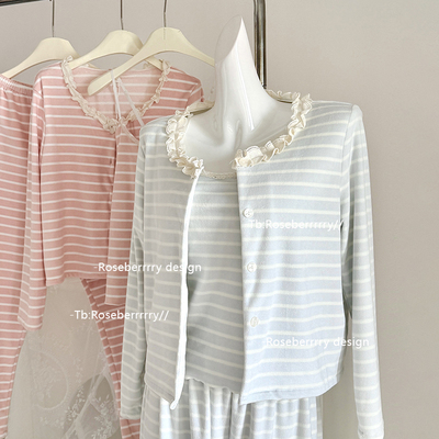 Roseberrrry摇篮曲 海岛绒条纹睡衣女秋冬加绒高级感家居服3件套