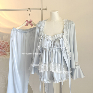 Roseberrrry甜系miu感 纯欲高级感冰丝长袖睡衣轻奢家居服四件套