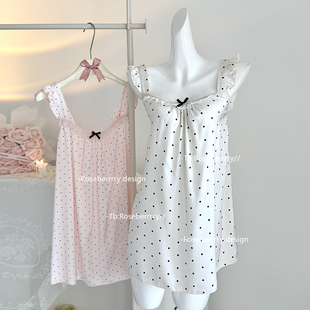 甜美冰丝睡衣 波点吊带睡裙小飞袖 Roseberrrry萌妹女友 纯欲法式