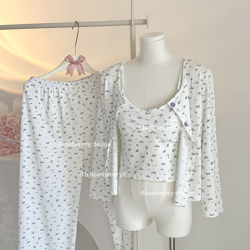Roseberrrry白水碎花 甜美家居服三件套女可外穿少女感睡衣套装