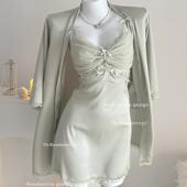 Roseberrrry海屿青柏 冰丝带胸垫蕾丝纯欲性感吊带睡裙家居晨袍