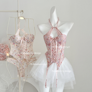 Roseberrrry甜心芭比 碎花印染甜美鱼骨胸衣带胸垫显瘦聚拢睡衣