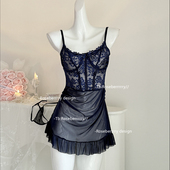 Roseberrrry蓝调时刻 气质包臀吊带睡裙 蕾丝不规则透网纱辣妹修身