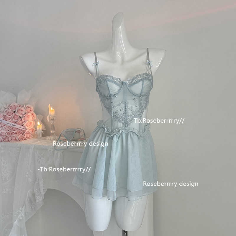 Roseberrrry海屿梦 纯欲蕾丝带钢圈睡裙小胸聚拢刺绣网纱约会睡衣