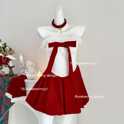Roseberrrry圣诞精灵 丝绒抹胸红色连衣裙氛围感传达小礼裙套装