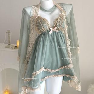 Roseberrrry茉莉公主 纯欲蕾丝花边性感网纱吊带带胸垫睡裙睡袍