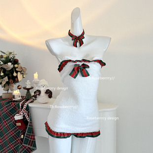 Roseberrrry小熊饼干 可爱毛绒睡衣女套装抹胸包臀裙圣诞新年cos