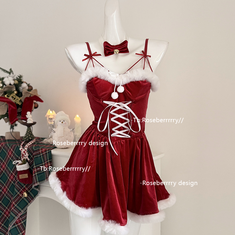 Roseberrrry圣诞甜兔 纯欲可爱红色丝绒连衣裙氛围感冬日新年穿搭