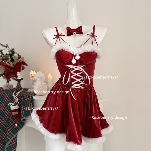 Roseberrrry圣诞甜兔 纯欲可爱红色丝绒连衣裙氛围感冬日新年穿搭