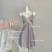 Roseberrrry温柔陷阱 高级感冰丝睡裙女夏蕾丝带胸垫性感睡衣 法式