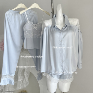 甜美家居服四件套荷叶边蕾丝性感气质睡衣 Roseberrrry姻澜千金
