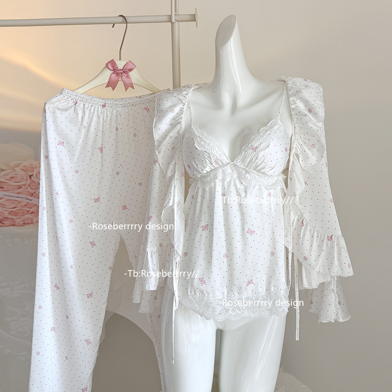Roseberrrry甜系女神 纯欲长袖冰丝睡衣3件套气质温婉春秋家居服