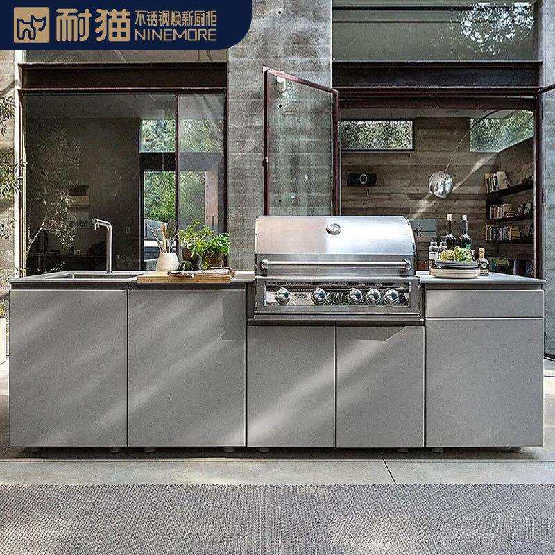 欧美不锈钢橱柜外贸工程厨柜定制别墅庭院烧烤炉一体整体厨柜