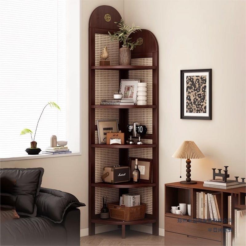 转角置物架一体靠墙卧室墙角收纳柜中古风茶室拐角展示柜客厅角柜