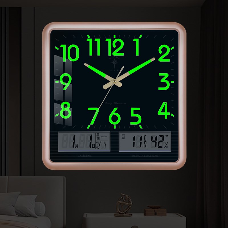 北极星夜光挂钟方形现代创意钟表卧室客厅石英钟日历静音时钟挂表