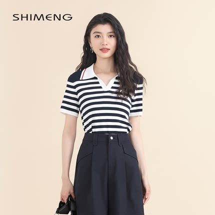 SHIMENG诗梦女装夏季新款海军蓝撞色条纹翻领针织衫温婉知性大方
