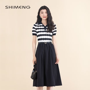 SHIMENG诗梦女装 藏青色条纹拼接针织连衣裙翻领收腰温柔 夏季 新款