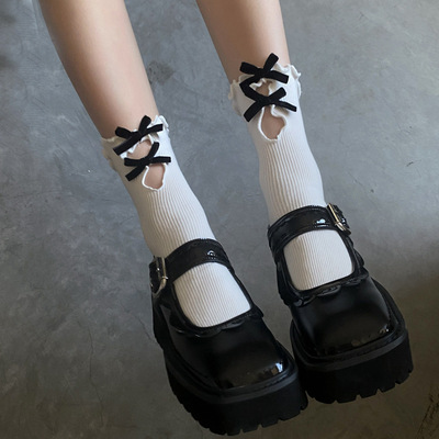日系甜美可爱lolita白色蕾丝短中筒袜子女夏薄款洛丽塔花边蝴蝶结