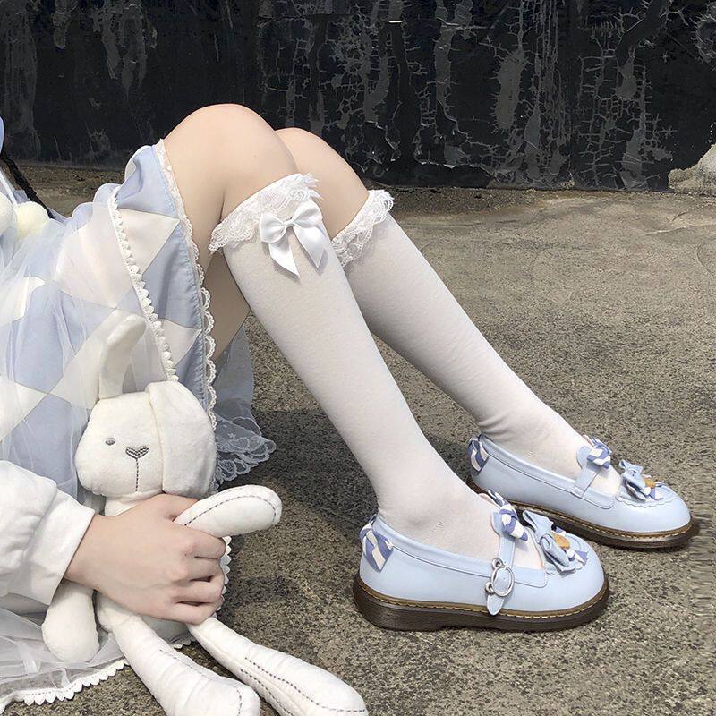 日系白色蕾丝蝴蝶结半截中筒女袜Lolita花边学生百搭软妹jk小腿袜