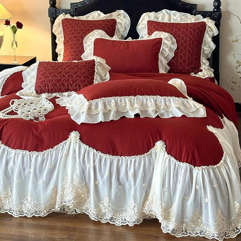 公主宫廷风e红色结婚庆纯棉四件套复古被套长绒棉磨毛出嫁床盖床