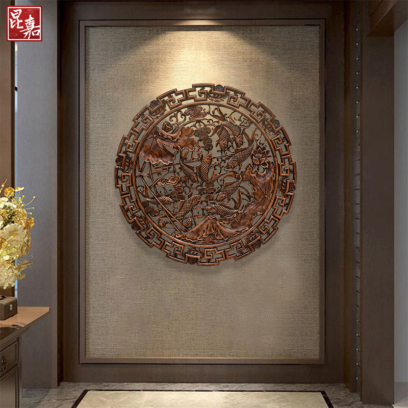 东阳木雕挂件香樟木圆形实木镂空雕刻中式仿古Q客厅玄关背景墙壁