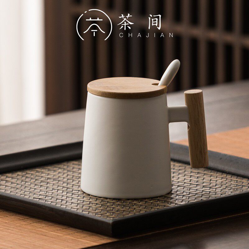 茶间陶瓷马克杯 高颜值办公室陶瓷杯 杯子带盖T带勺子咖啡杯水杯