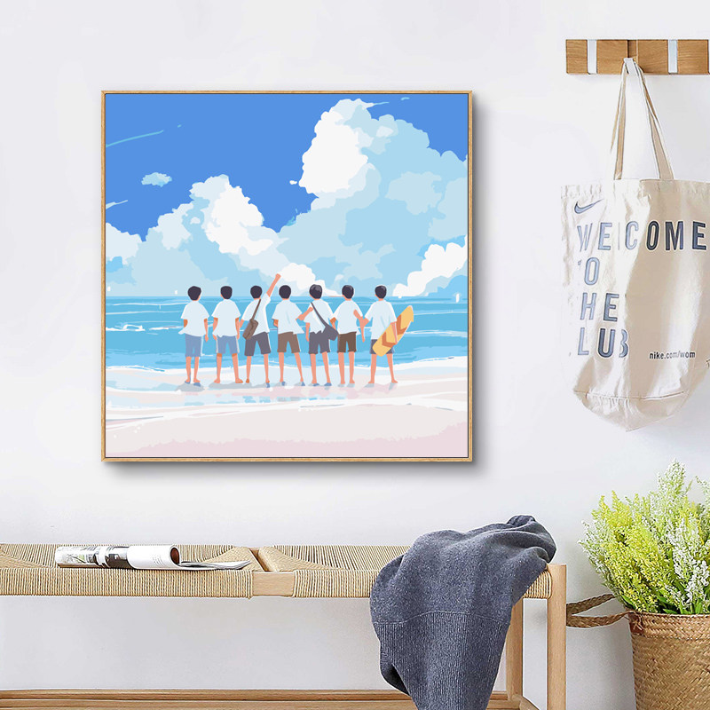 风景数字油画少年时代团小小孩油彩画填充手工绘海边装饰