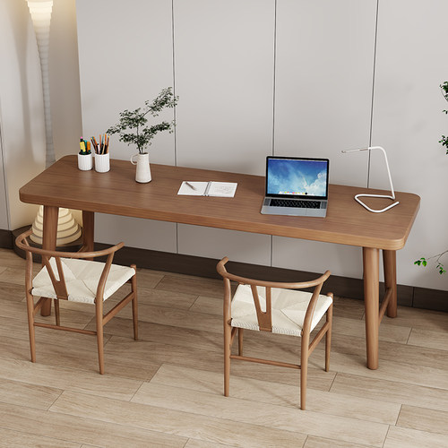 全实木电脑桌台式家用长条人书桌阳台窄桌子客厅奶油风写字台