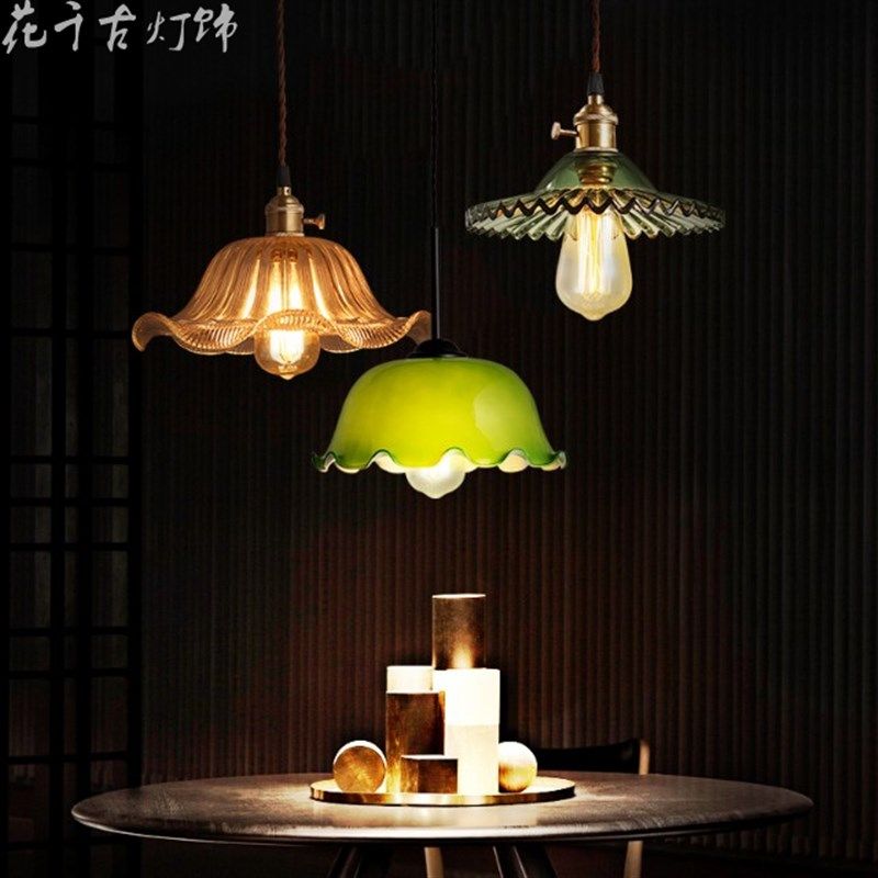 老上海复古田园风格吧台彩色玻璃灯罩单头小吊灯餐桌创意个性