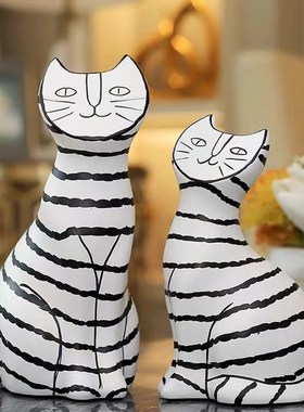 欧式树脂黑白条纹平面猫玄关样板间客厅茶几家居软装饰品