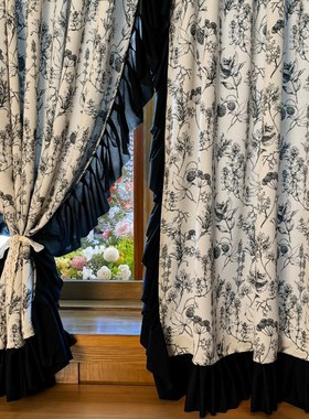 黑色松果印花荷叶边窗帘法式复古洛可可蕾丝遮光卧室客厅飘窗阳台