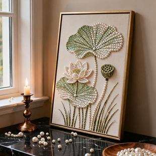 《珍珠荷花》中古风卧室装饰画轻奢高级感客厅挂画仿珍珠玄关壁画