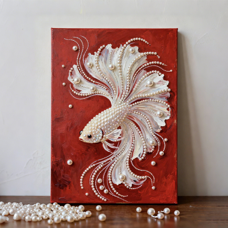 《珠锦祥鲤》现代简约客厅装饰画仿珍珠入户玄关壁画好运锦鲤挂画
