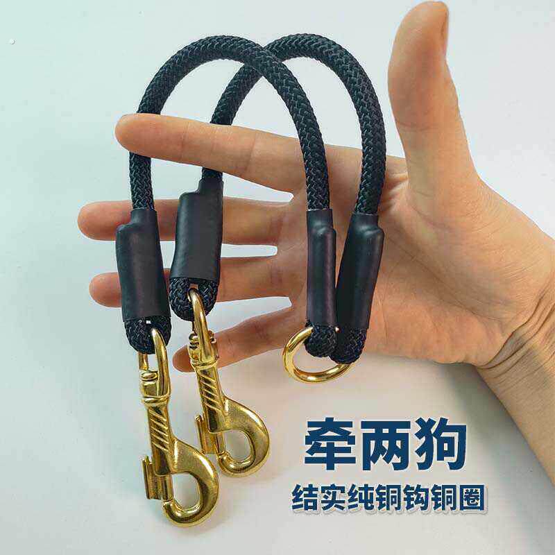 狗狗双头牵引绳一拖二牵狗绳纯铜钩中大型犬两祇狗遛狗双头狗炼