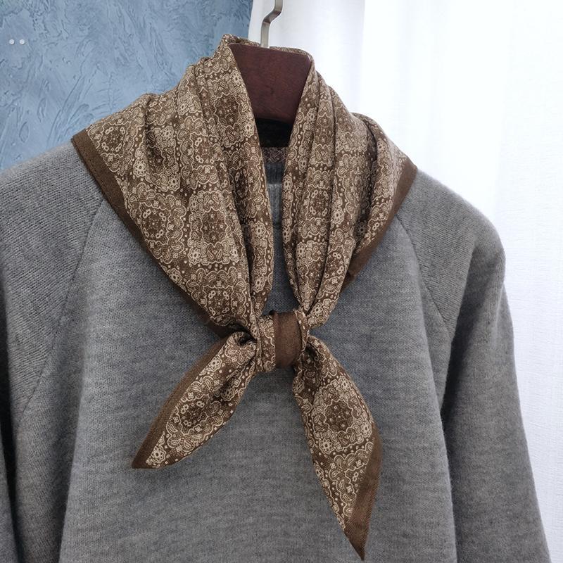 复古棕色印花棉麻围巾小方巾女2025新款装饰头巾护颈防脏领巾披肩