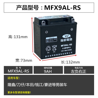 裕祥摩托车电池12V9A左负右正KPT200/GPR200通用12N9-3B干蓄电池