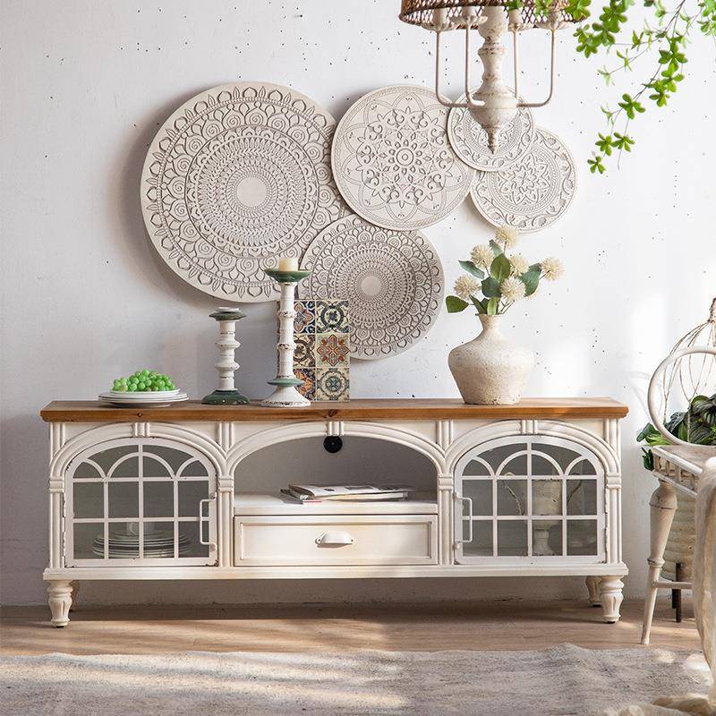 法式复古电视柜小户型实木北欧田园风客厅白色铁艺柜子做旧储物柜