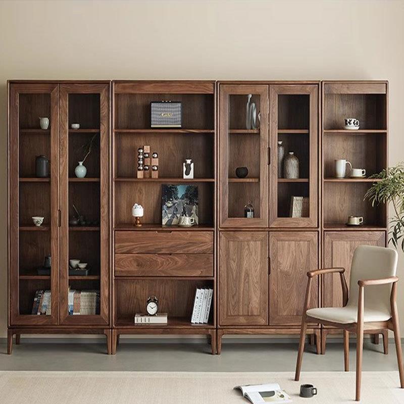 北美黑胡桃木带门组合书柜新中式实木书柜落地柜现代简约书架